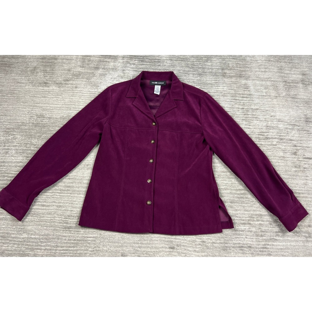 Sag Harbor Button Front Shirt Women 10 Purple F33230 Faux Suede Blouse Top